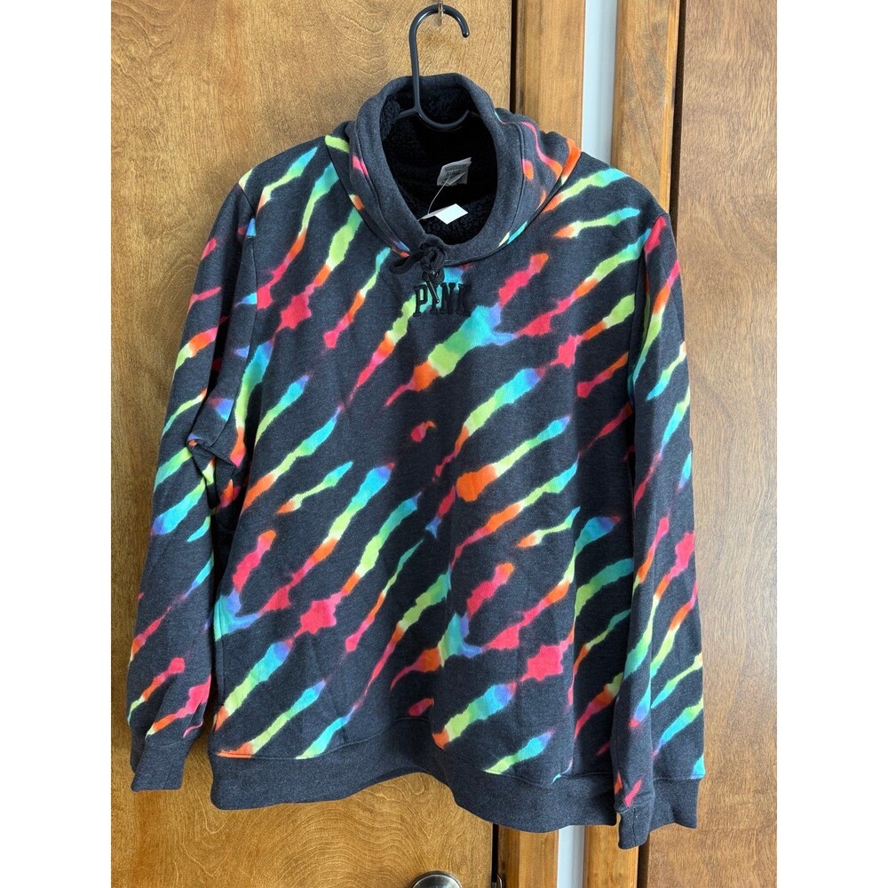 Victoria’s Secret PINK Sherpa Lined Campus Cowl Neck Pullover Sz. M NWT Tie Dye